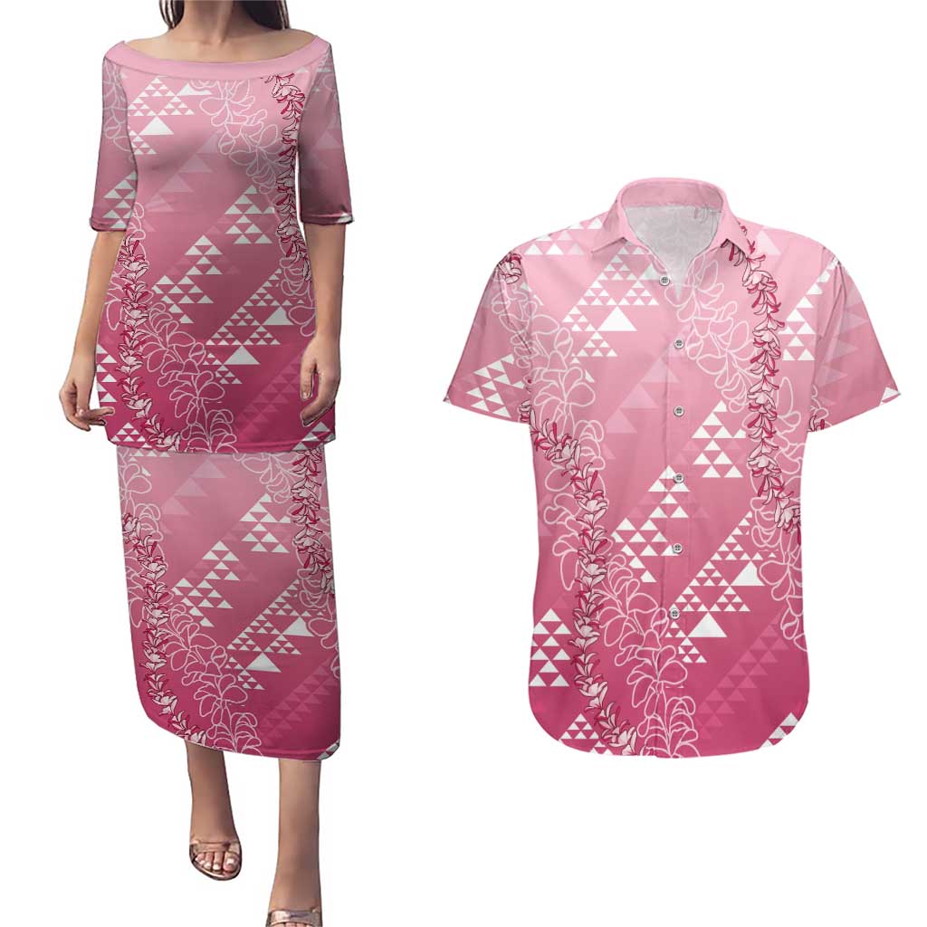 Hawaii Rose Pink Kapa Couples Matching Puletasi and Hawaiian Shirt Vintage 'Ohe Kāpala Motifs Mix Plumeria Leis LT7 Rose Pink - Polynesian Pride