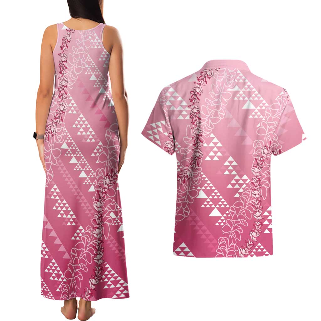 Hawaii Rose Pink Kapa Couples Matching Tank Maxi Dress and Hawaiian Shirt Vintage 'Ohe Kāpala Motifs Mix Plumeria Leis LT7 - Polynesian Pride