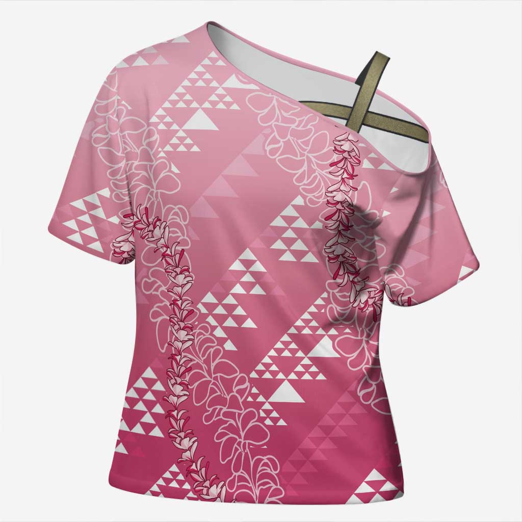 Hawaii Rose Pink Kapa Cross Shoulder Shirt Vintage 'Ohe Kāpala Motifs Mix Plumeria Leis