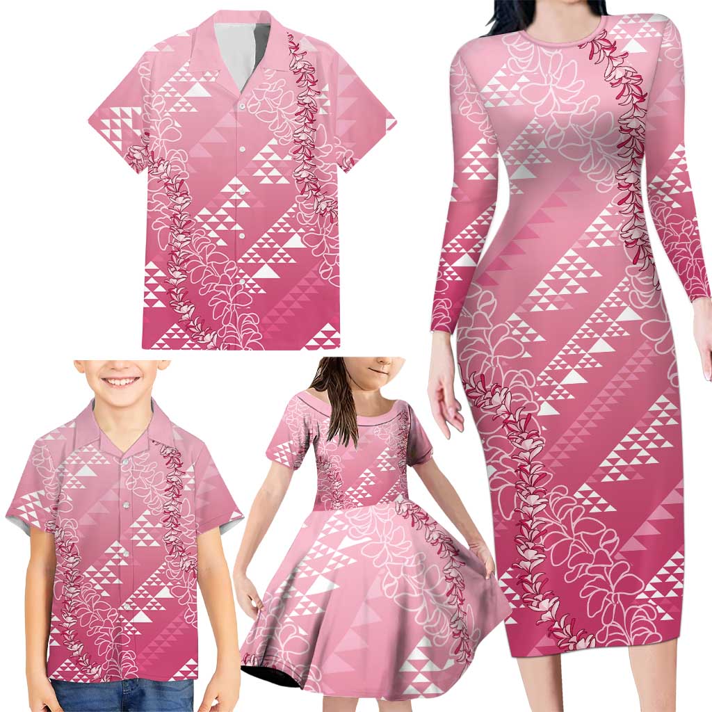 Hawaii Rose Pink Kapa Family Matching Long Sleeve Bodycon Dress and Hawaiian Shirt Vintage 'Ohe Kāpala Motifs Mix Plumeria Leis LT7 - Polynesian Pride