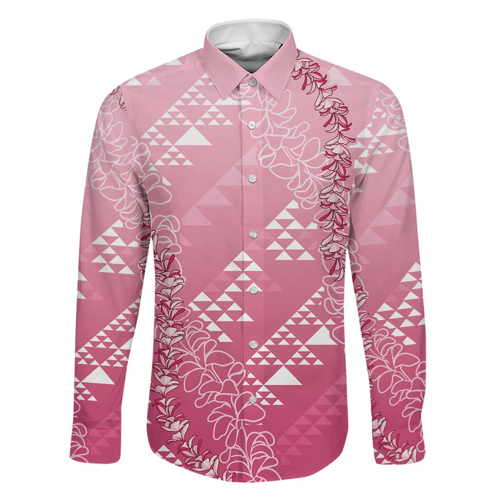 Hawaii Rose Pink Kapa Family Matching Long Sleeve Bodycon Dress and Hawaiian Shirt Vintage 'Ohe Kāpala Motifs Mix Plumeria Leis LT7 Dad's Shirt - Long Sleeve Rose Pink - Polynesian Pride