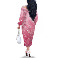 Hawaii Rose Pink Kapa Family Matching Off The Shoulder Long Sleeve Dress and Hawaiian Shirt Vintage 'Ohe Kāpala Motifs Mix Plumeria Leis LT7 - Polynesian Pride