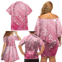Hawaii Rose Pink Kapa Family Matching Off Shoulder Short Dress and Hawaiian Shirt Vintage 'Ohe Kāpala Motifs Mix Plumeria Leis LT7 - Polynesian Pride