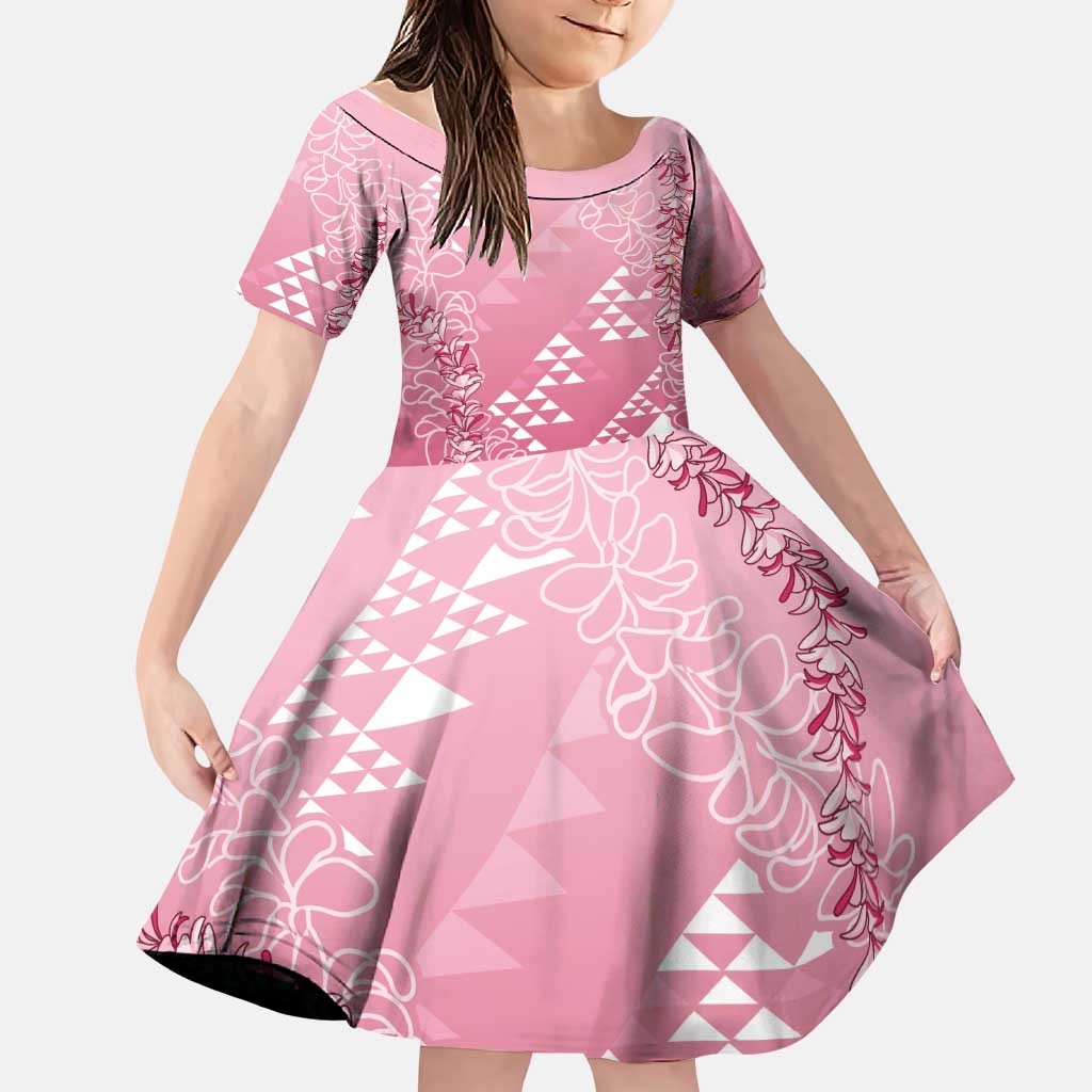 Hawaii Rose Pink Kapa Family Matching Summer Maxi Dress and Hawaiian Shirt Vintage 'Ohe Kāpala Motifs Mix Plumeria Leis LT7 Daughter's Dress Rose Pink - Polynesian Pride