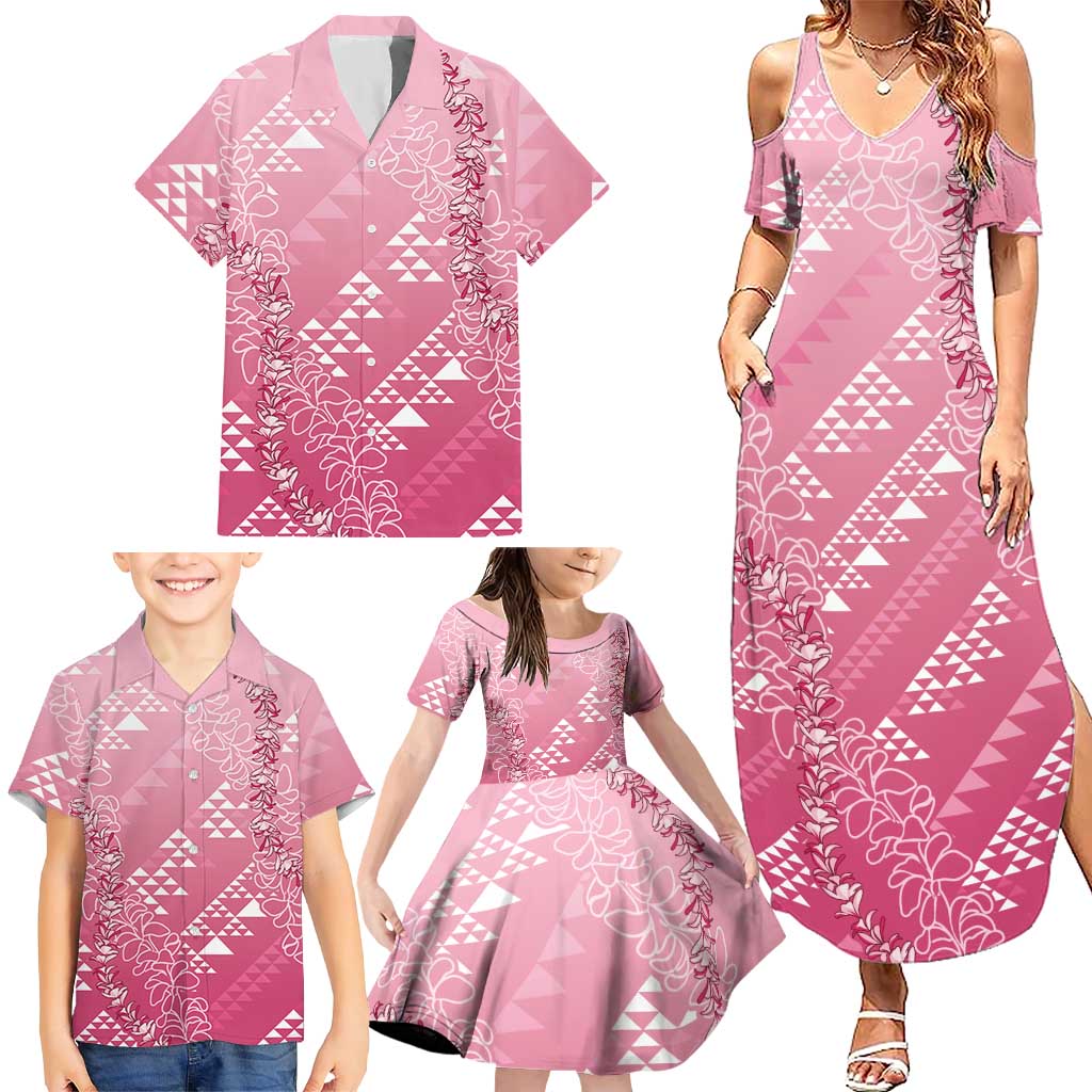 Hawaii Rose Pink Kapa Family Matching Summer Maxi Dress and Hawaiian Shirt Vintage 'Ohe Kāpala Motifs Mix Plumeria Leis LT7 - Polynesian Pride