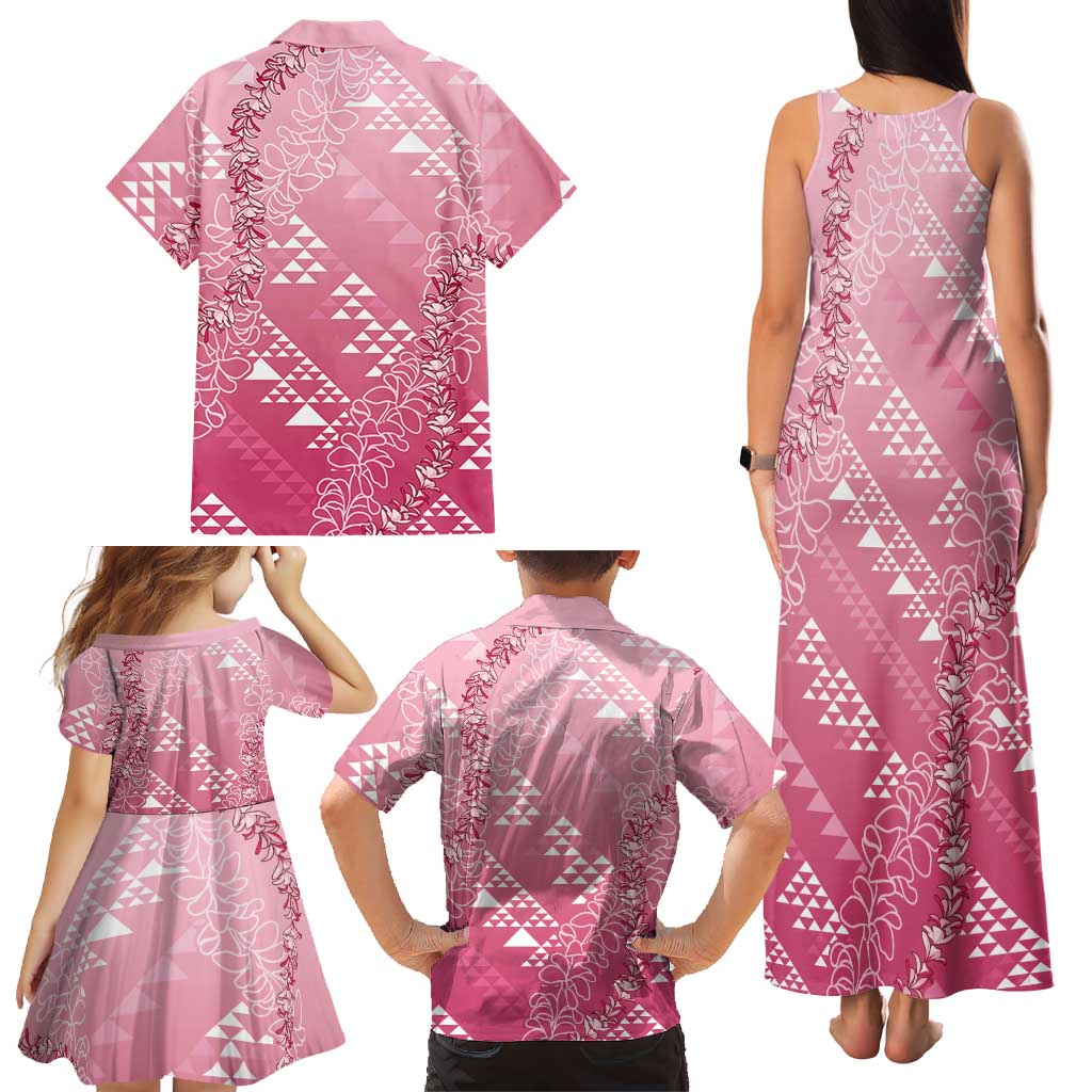 Hawaii Rose Pink Kapa Family Matching Tank Maxi Dress and Hawaiian Shirt Vintage 'Ohe Kāpala Motifs Mix Plumeria Leis LT7 - Polynesian Pride