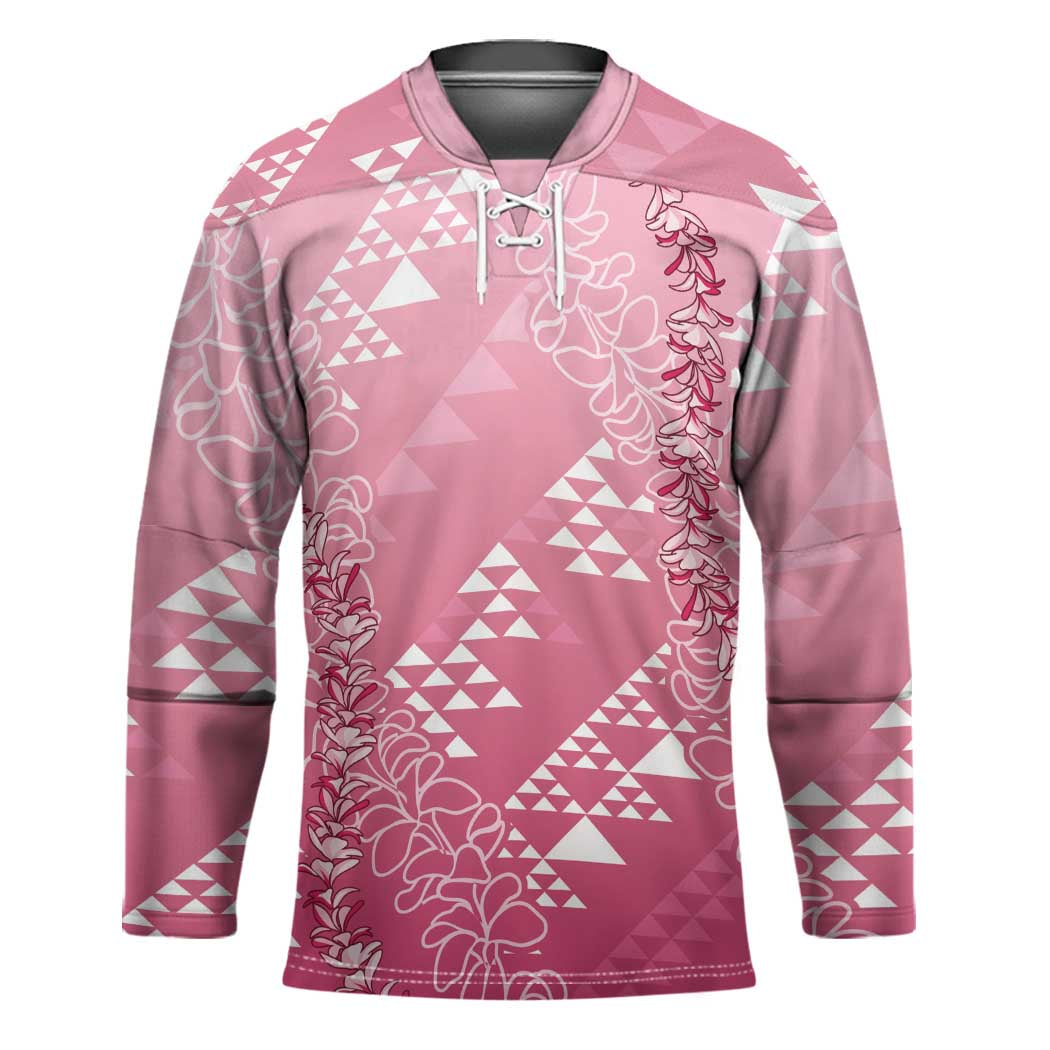Hawaii Rose Pink Kapa Hockey Jersey Vintage 'Ohe Kāpala Motifs Mix Plumeria Leis