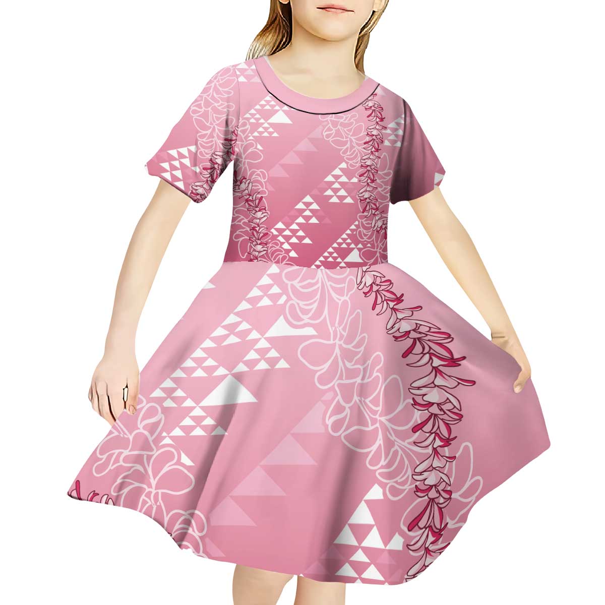 Hawaii Rose Pink Kapa Kid Short Sleeve Dress Vintage 'Ohe Kāpala Motifs Mix Plumeria Leis LT7 - Polynesian Pride