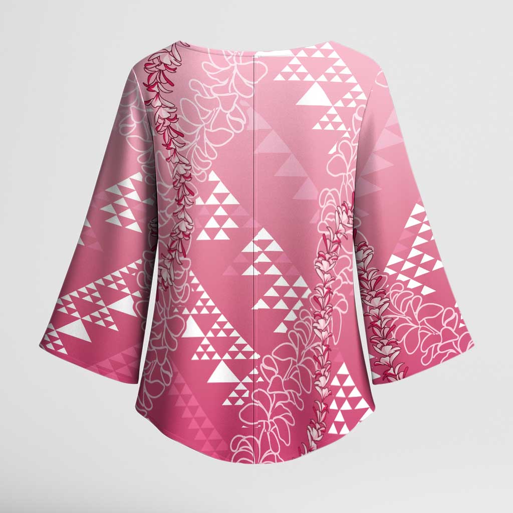 Hawaii Rose Pink Kapa Kimono Sleeve Blouse Vintage 'Ohe Kāpala Motifs Mix Plumeria Leis