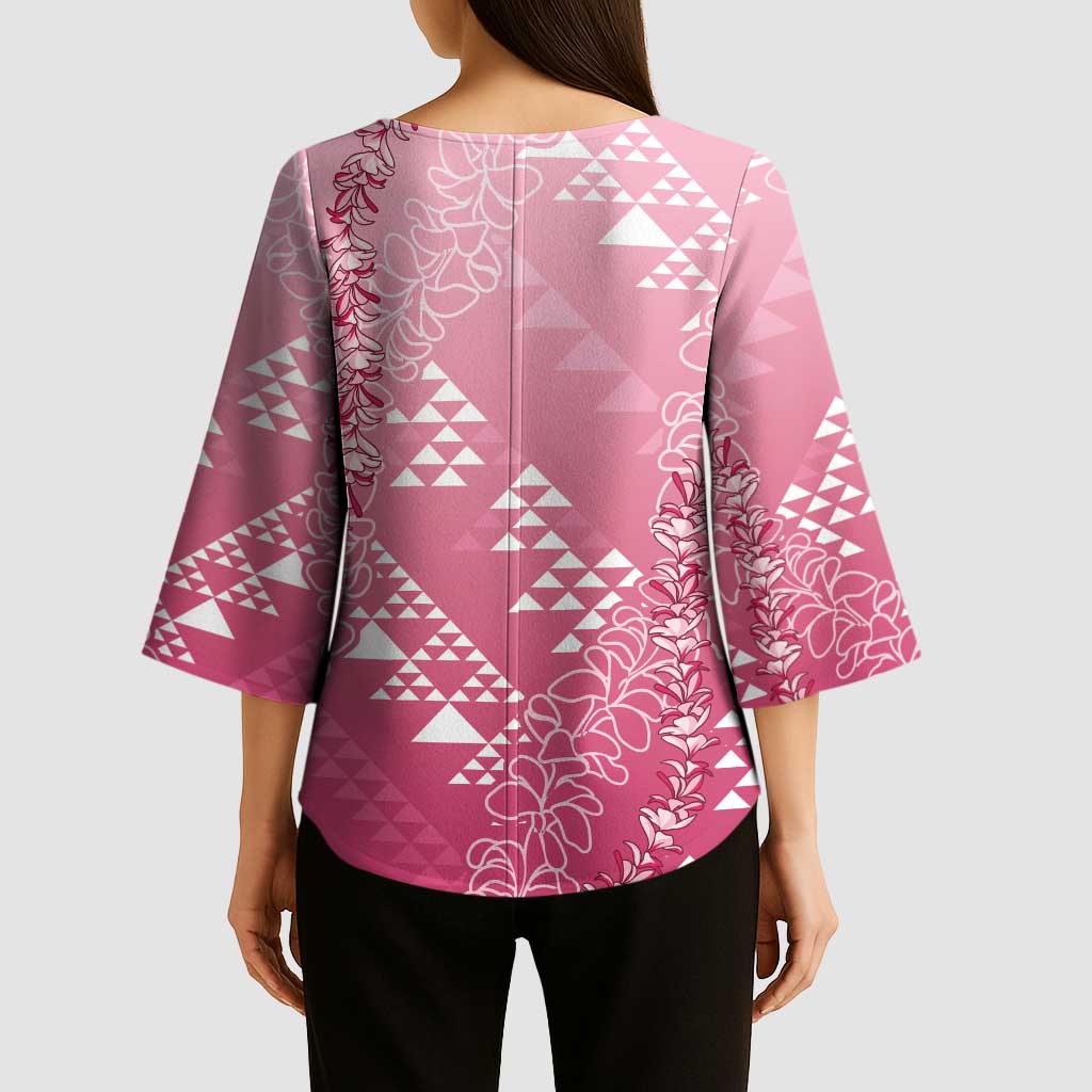 Hawaii Rose Pink Kapa Kimono Sleeve Blouse Vintage 'Ohe Kāpala Motifs Mix Plumeria Leis