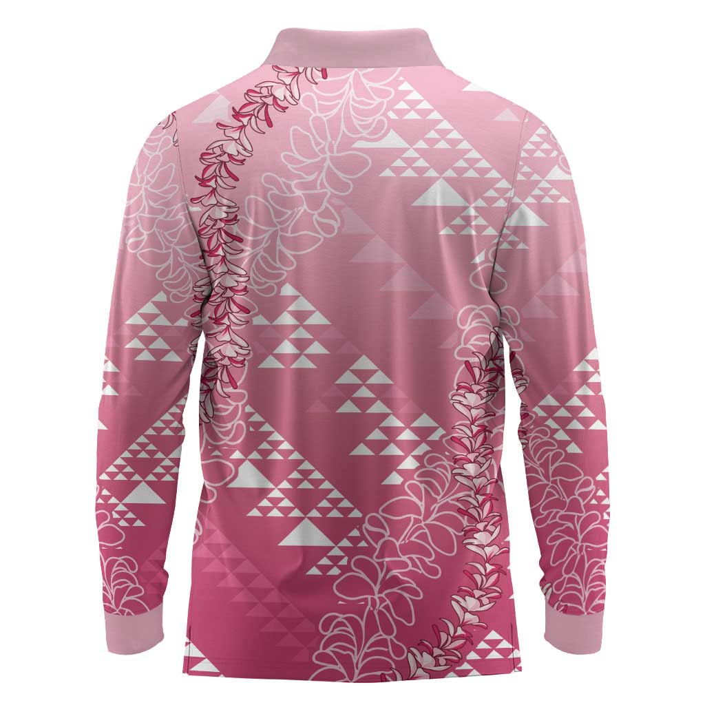 Hawaii Rose Pink Kapa Long Sleeve Polo Shirt Vintage 'Ohe Kāpala Motifs Mix Plumeria Leis LT7 - Polynesian Pride
