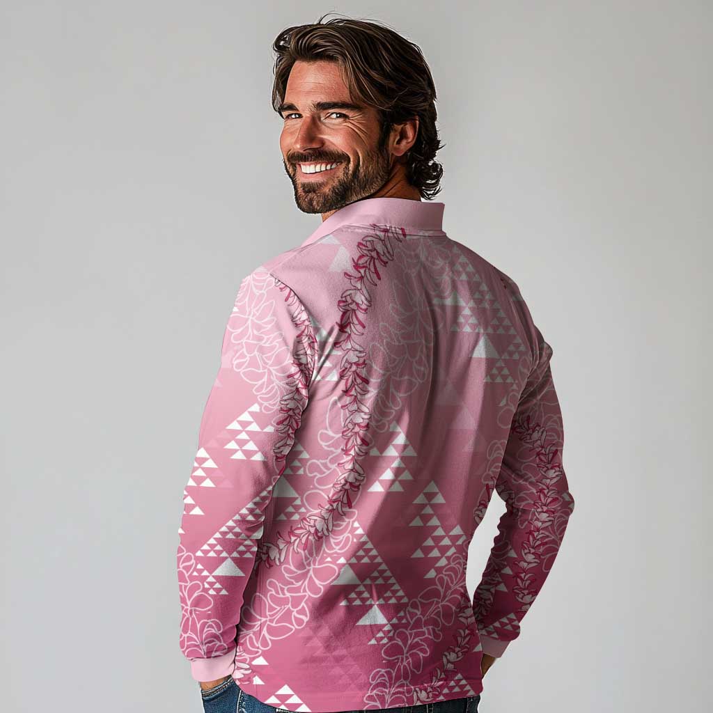 Hawaii Rose Pink Kapa Long Sleeve Polo Shirt Vintage 'Ohe Kāpala Motifs Mix Plumeria Leis LT7 - Polynesian Pride