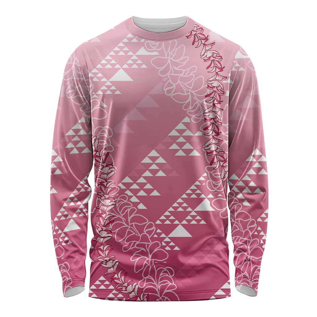Hawaii Rose Pink Kapa Long Sleeve Shirt Vintage 'Ohe Kāpala Motifs Mix Plumeria Leis