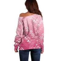 Hawaii Rose Pink Kapa Off Shoulder Sweater Vintage 'Ohe Kāpala Motifs Mix Plumeria Leis