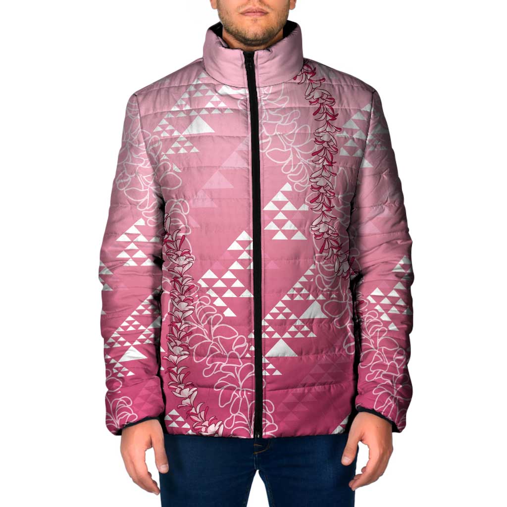 Hawaii Rose Pink Kapa Padded Jacket Vintage 'Ohe Kāpala Motifs Mix Plumeria Leis