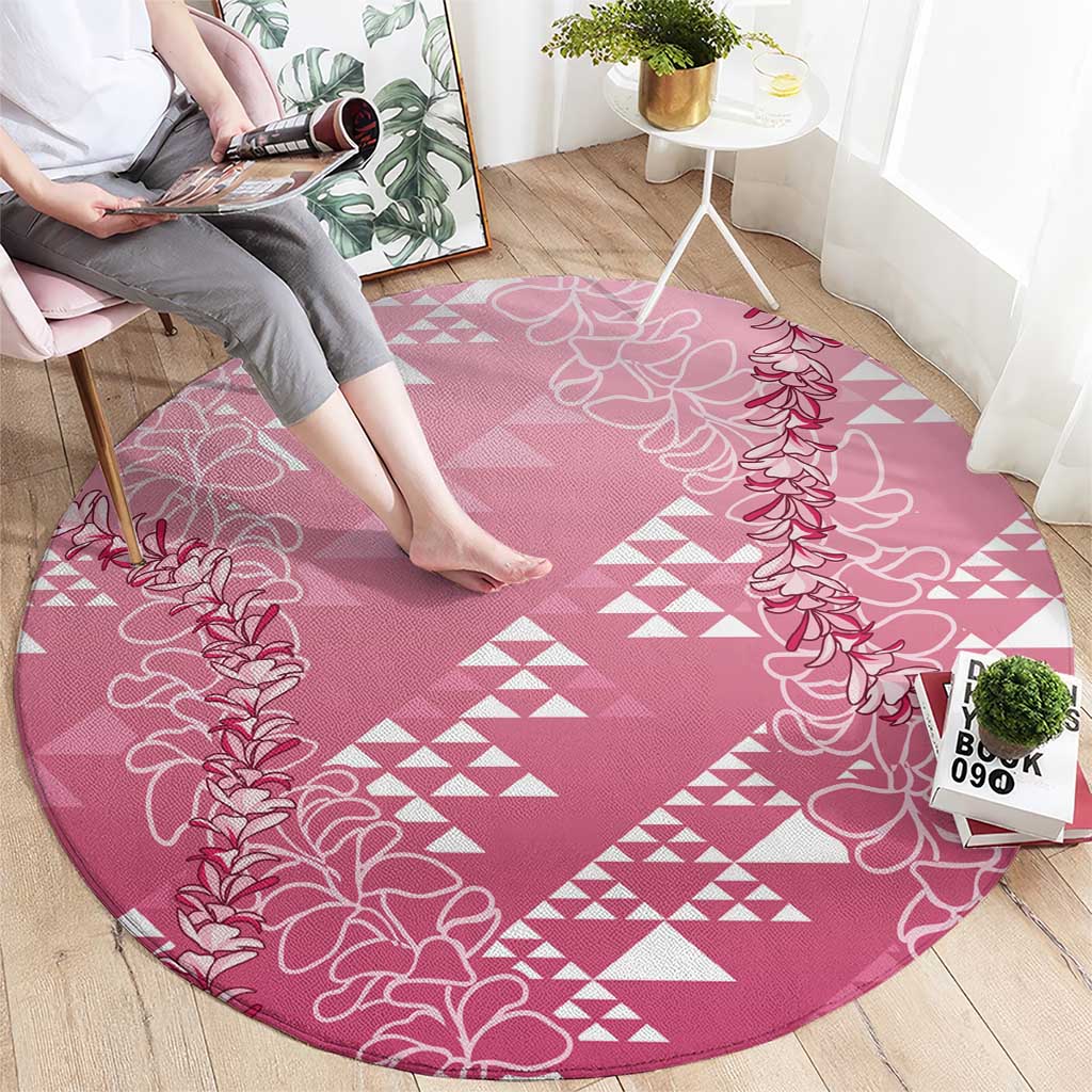 Hawaii Rose Pink Kapa Round Carpet Vintage 'Ohe Kāpala Motifs Mix Plumeria Leis