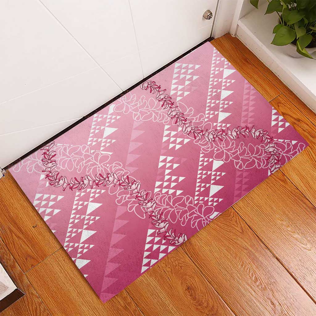 Hawaii Rose Pink Kapa Rubber Doormat Vintage 'Ohe Kāpala Motifs Mix Plumeria Leis