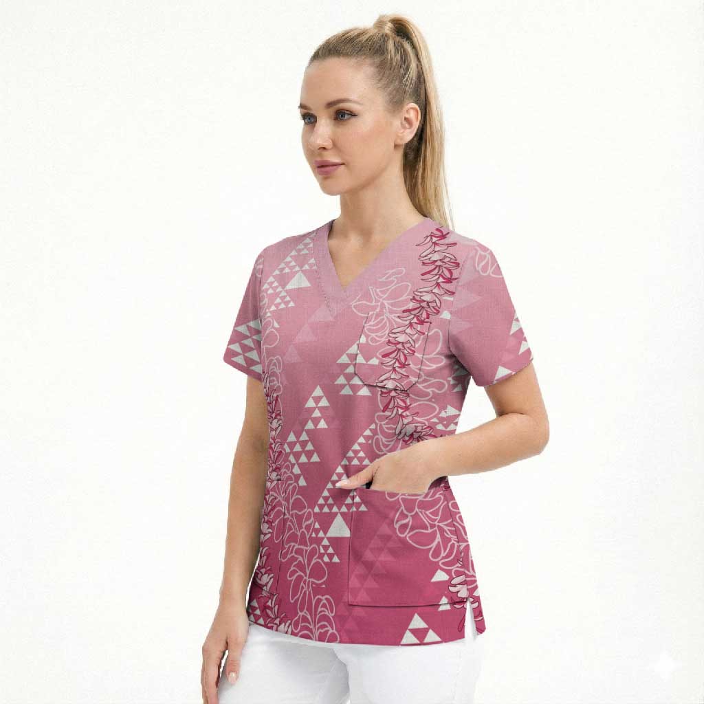Hawaii Rose Pink Kapa Scrub Top Vintage 'Ohe Kāpala Motifs Mix Plumeria Leis