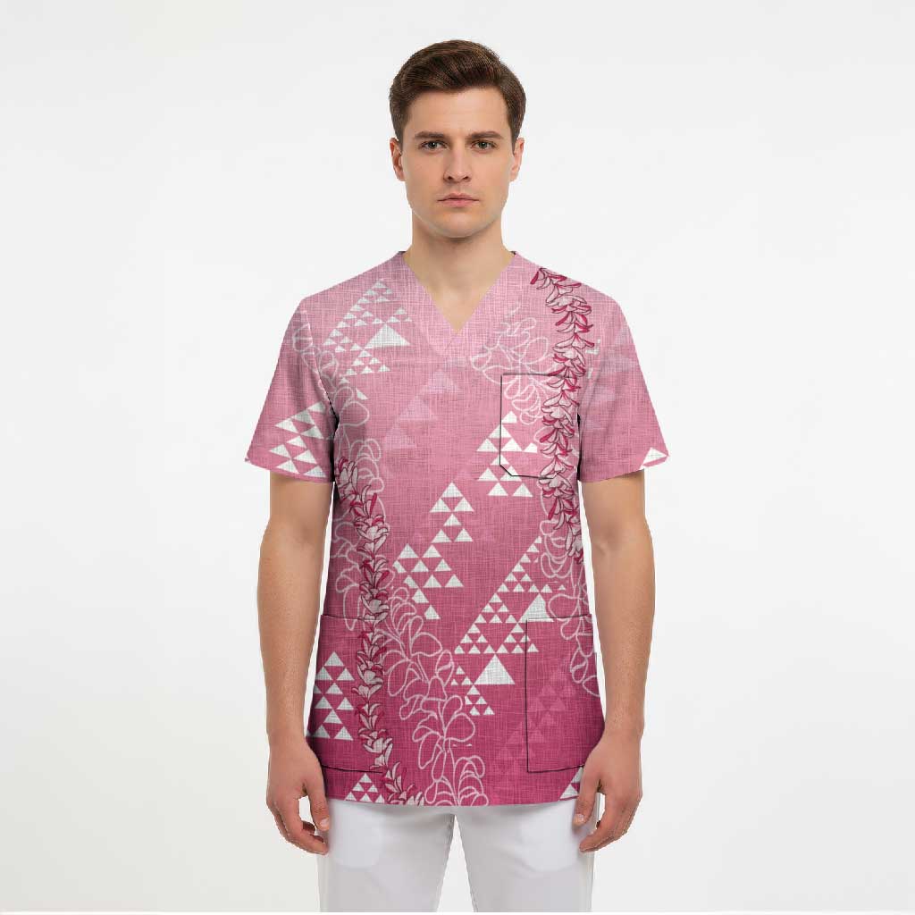 Hawaii Rose Pink Kapa Scrub Top Vintage 'Ohe Kāpala Motifs Mix Plumeria Leis