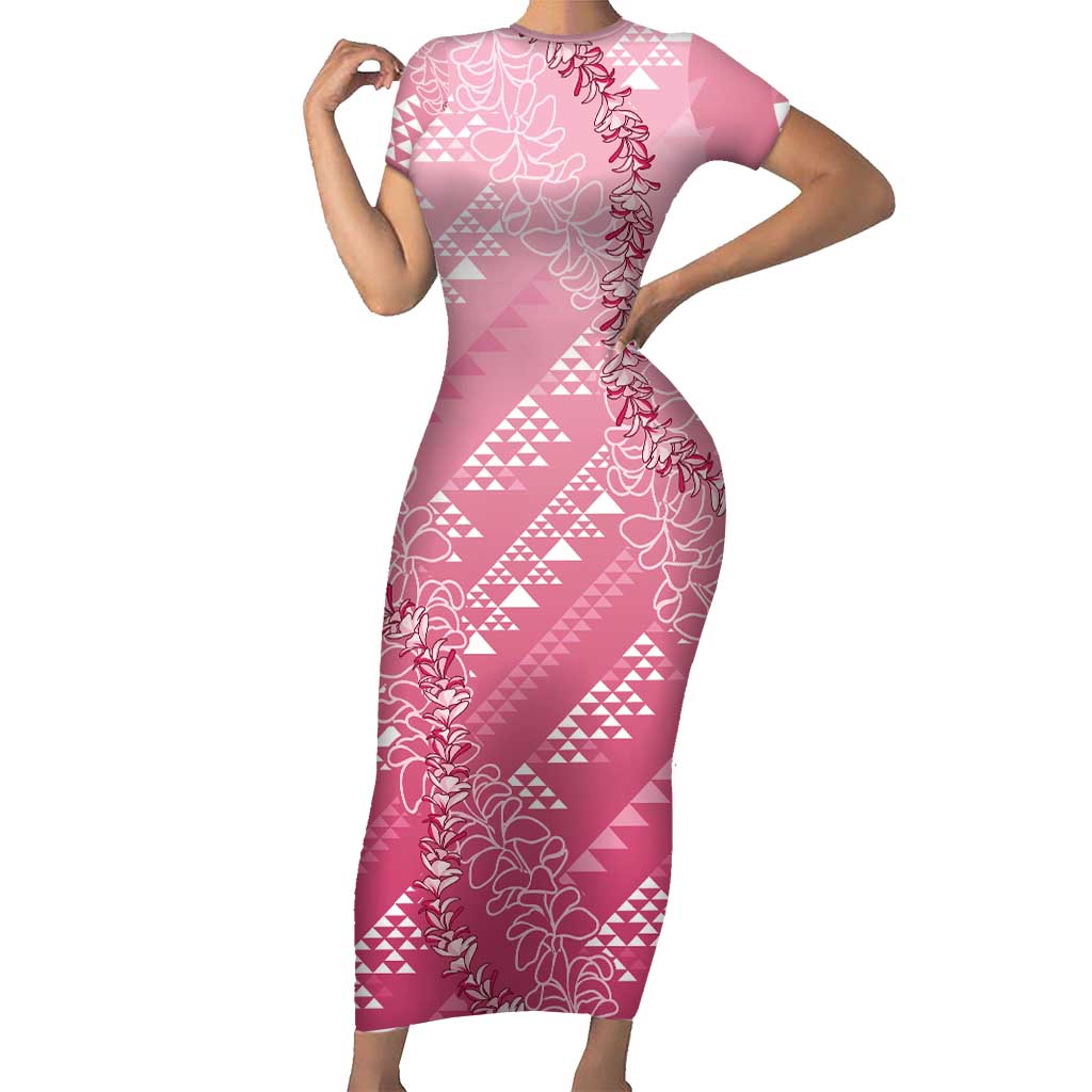 Hawaii Rose Pink Kapa Short Sleeve Bodycon Dress Vintage 'Ohe Kāpala Motifs Mix Plumeria Leis LT7 Long Dress Rose Pink - Polynesian Pride