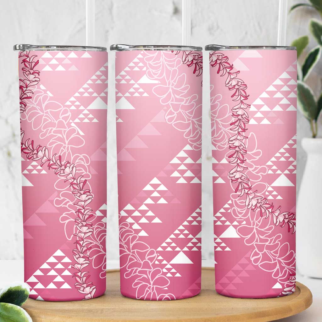 Hawaii Rose Pink Kapa Skinny Tumbler Vintage 'Ohe Kāpala Motifs Mix Plumeria Leis LT7 - Polynesian Pride