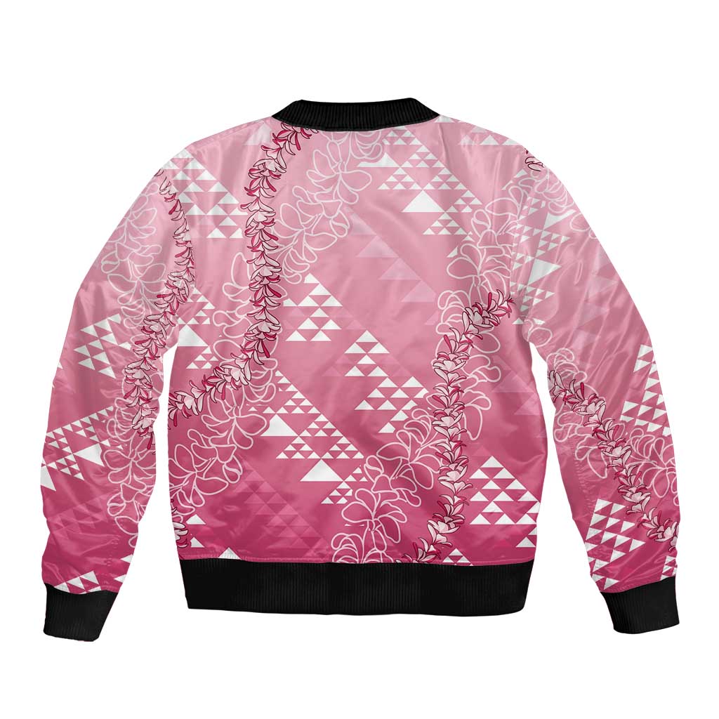 Hawaii Rose Pink Kapa Sleeve Zip Bomber Jacket Vintage 'Ohe Kāpala Motifs Mix Plumeria Leis