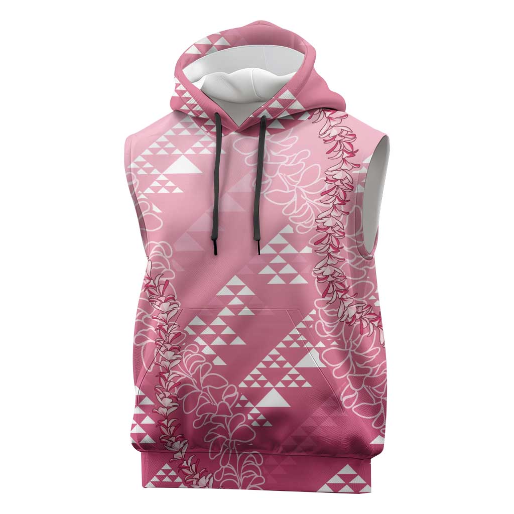 Hawaii Rose Pink Kapa Sleeveless Hoodie Vintage 'Ohe Kāpala Motifs Mix Plumeria Leis