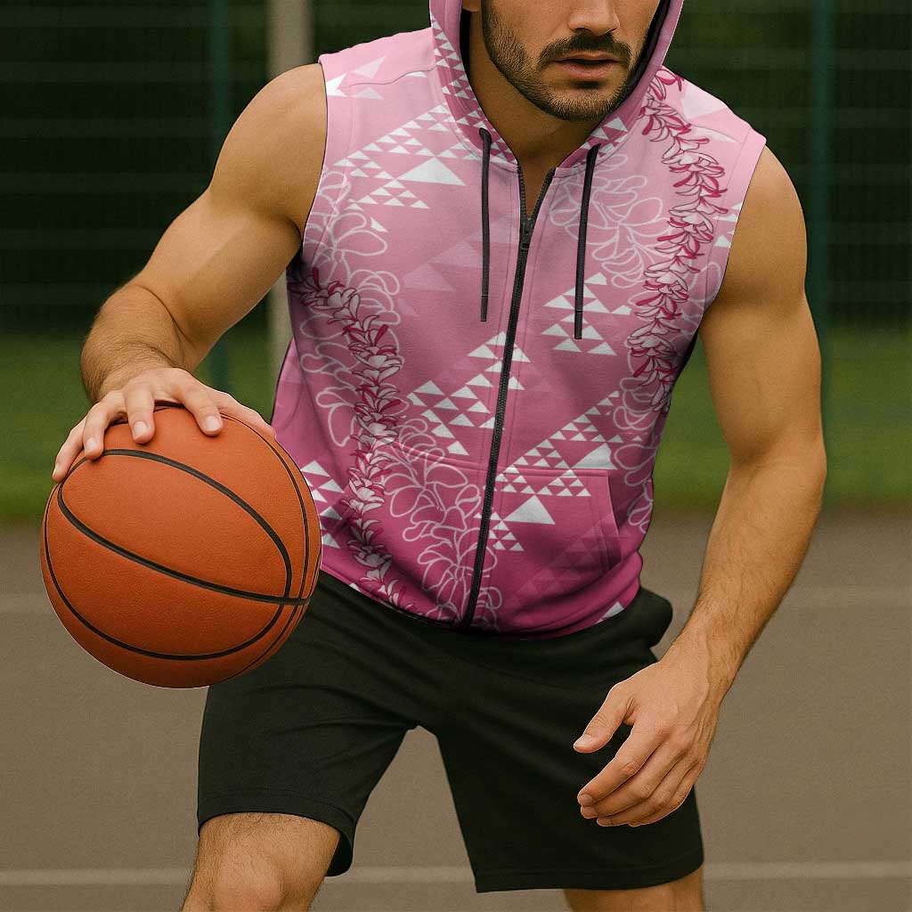 Hawaii Rose Pink Kapa Sleeveless Zip Hoodie Vintage 'Ohe Kāpala Motifs Mix Plumeria Leis LT7 - Polynesian Pride