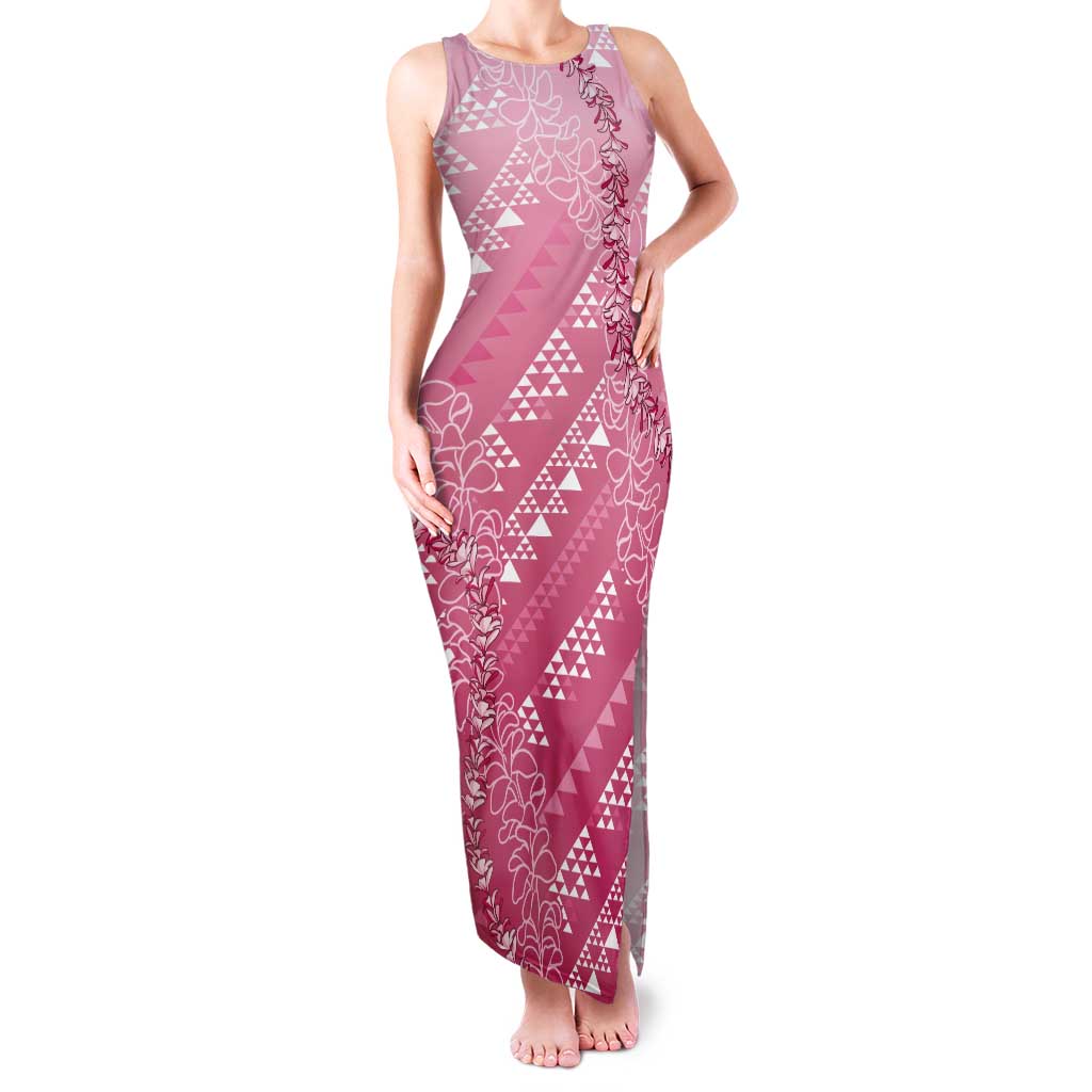Hawaii Rose Pink Kapa Tank Maxi Dress Vintage 'Ohe Kāpala Motifs Mix Plumeria Leis