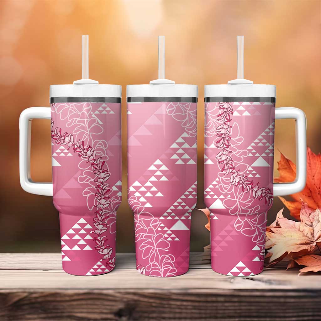 Hawaii Rose Pink Kapa Tumbler With Handle Vintage 'Ohe Kāpala Motifs Mix Plumeria Leis