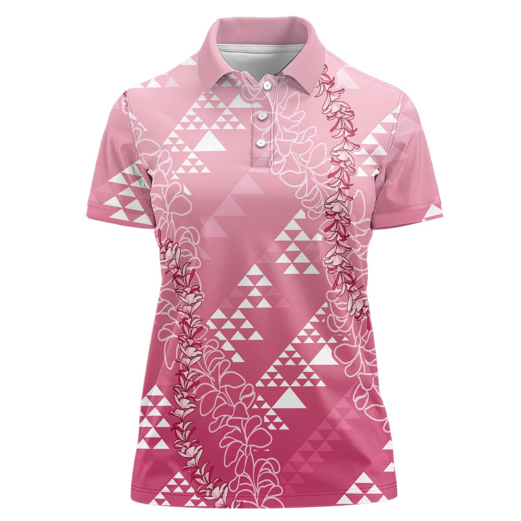 Hawaii Rose Pink Kapa Women Polo Shirt Vintage 'Ohe Kāpala Motifs Mix Plumeria Leis LT7 Female Rose Pink - Polynesian Pride