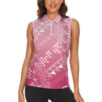 Hawaii Rose Pink Kapa Women Sleeveless Polo Shirt Vintage 'Ohe Kāpala Motifs Mix Plumeria Leis LT7 - Polynesian Pride