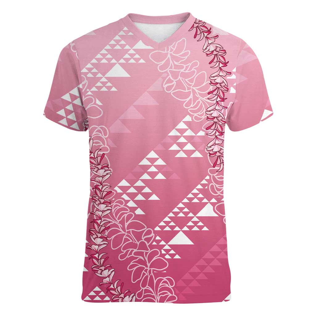 Hawaii Rose Pink Kapa Women V-Neck T-Shirt Vintage 'Ohe Kāpala Motifs Mix Plumeria Leis LT7 Female Rose Pink - Polynesian Pride