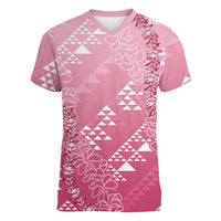 Hawaii Rose Pink Kapa Women V-Neck T-Shirt Vintage 'Ohe Kāpala Motifs Mix Plumeria Leis LT7 Female Rose Pink - Polynesian Pride