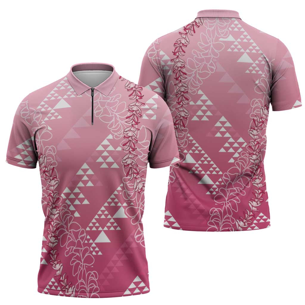 Hawaii Rose Pink Kapa Zipper Polo Shirt Vintage 'Ohe Kāpala Motifs Mix Plumeria Leis LT7 - Polynesian Pride