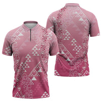 Hawaii Rose Pink Kapa Zipper Polo Shirt Vintage 'Ohe Kāpala Motifs Mix Plumeria Leis LT7 - Polynesian Pride