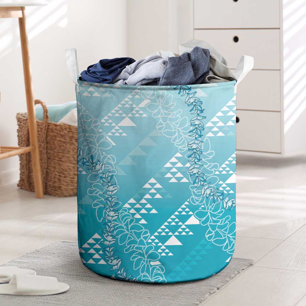 Hawaii Turquoise Kapa Laundry Basket Vintage 'Ohe Kāpala Motifs Mix Plumeria Leis