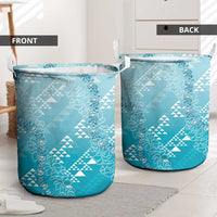 Hawaii Turquoise Kapa Laundry Basket Vintage 'Ohe Kāpala Motifs Mix Plumeria Leis