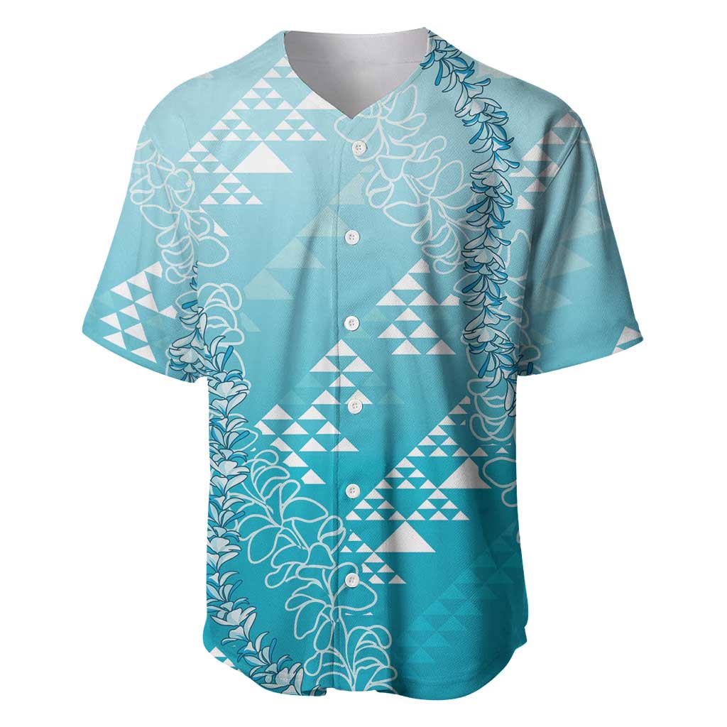 Hawaii Turquoise Kapa Baseball Jersey Vintage 'Ohe Kāpala Motifs Mix Plumeria Leis