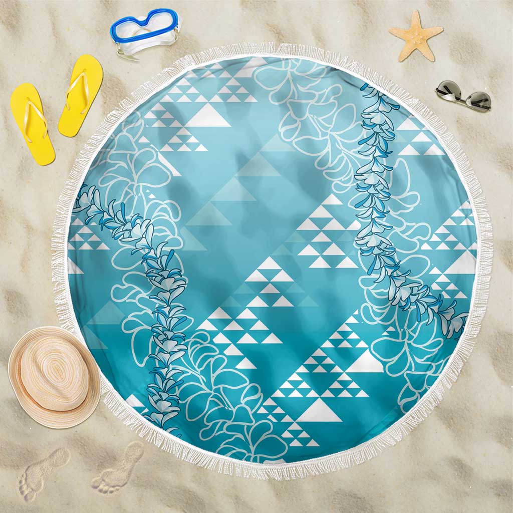 Hawaii Turquoise Kapa Beach Blanket Vintage 'Ohe Kāpala Motifs Mix Plumeria Leis