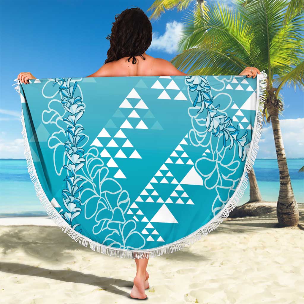 Hawaii Turquoise Kapa Beach Blanket Vintage 'Ohe Kāpala Motifs Mix Plumeria Leis