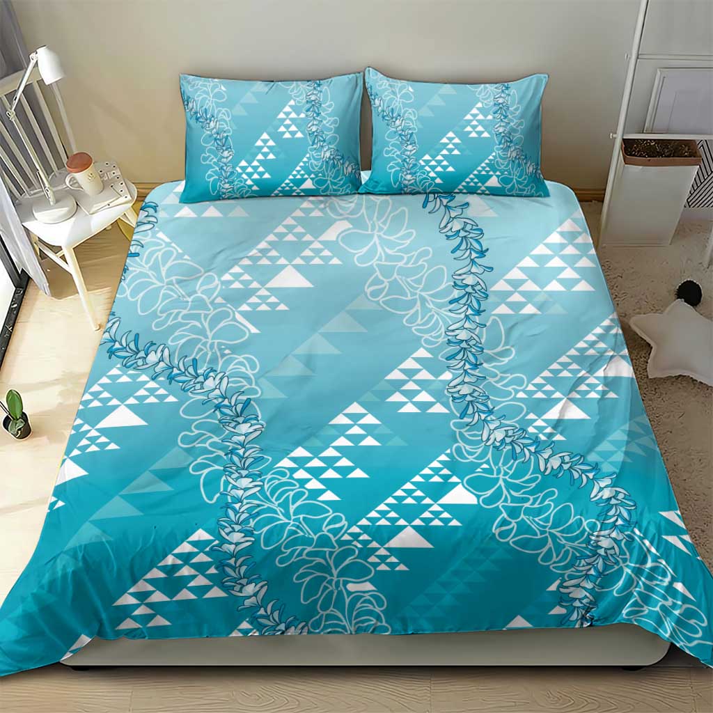 Hawaii Turquoise Kapa Bedding Set Vintage 'Ohe Kāpala Motifs Mix Plumeria Leis
