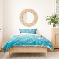 Hawaii Turquoise Kapa Bedding Set Vintage 'Ohe Kāpala Motifs Mix Plumeria Leis