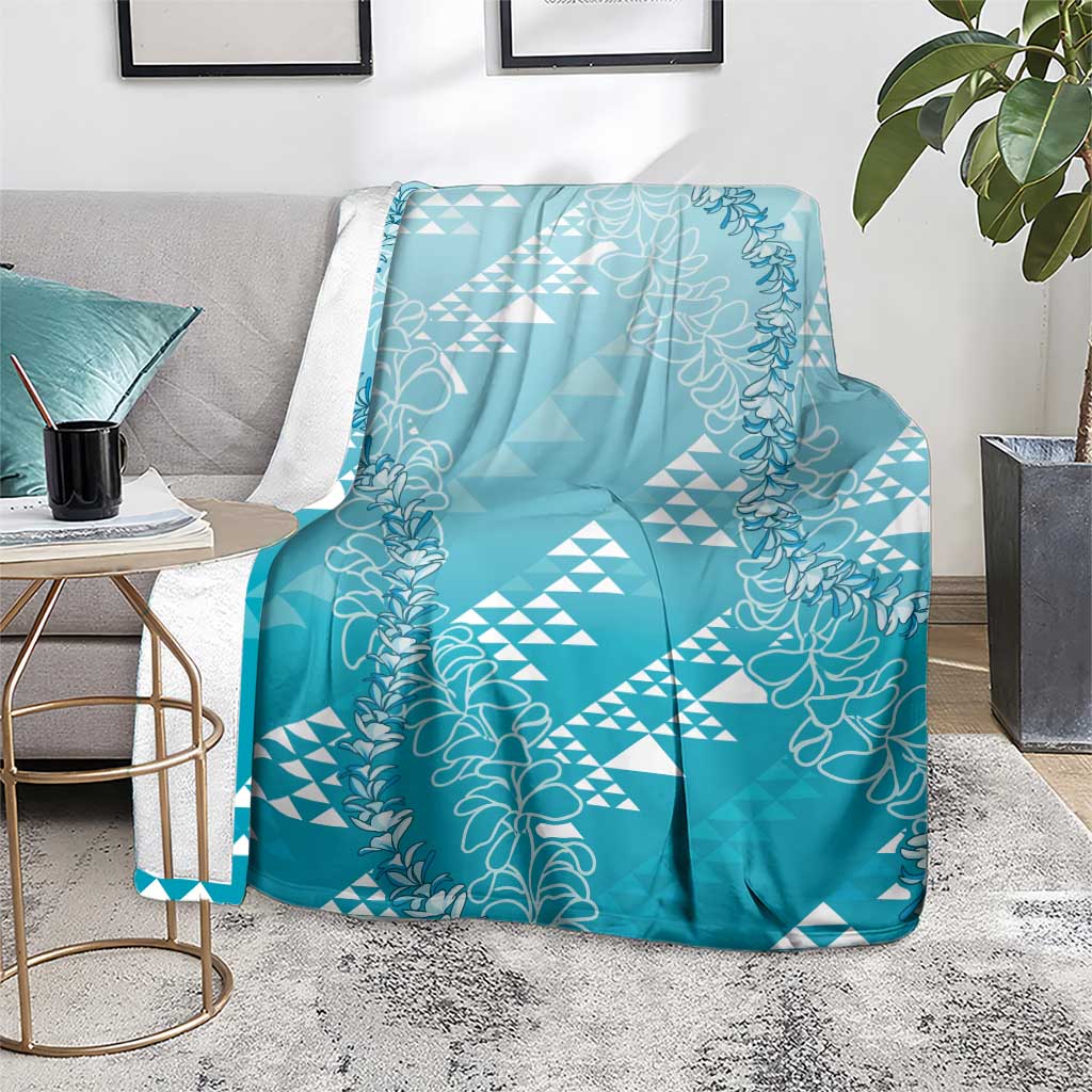 Hawaii Turquoise Kapa Blanket Vintage 'Ohe Kāpala Motifs Mix Plumeria Leis