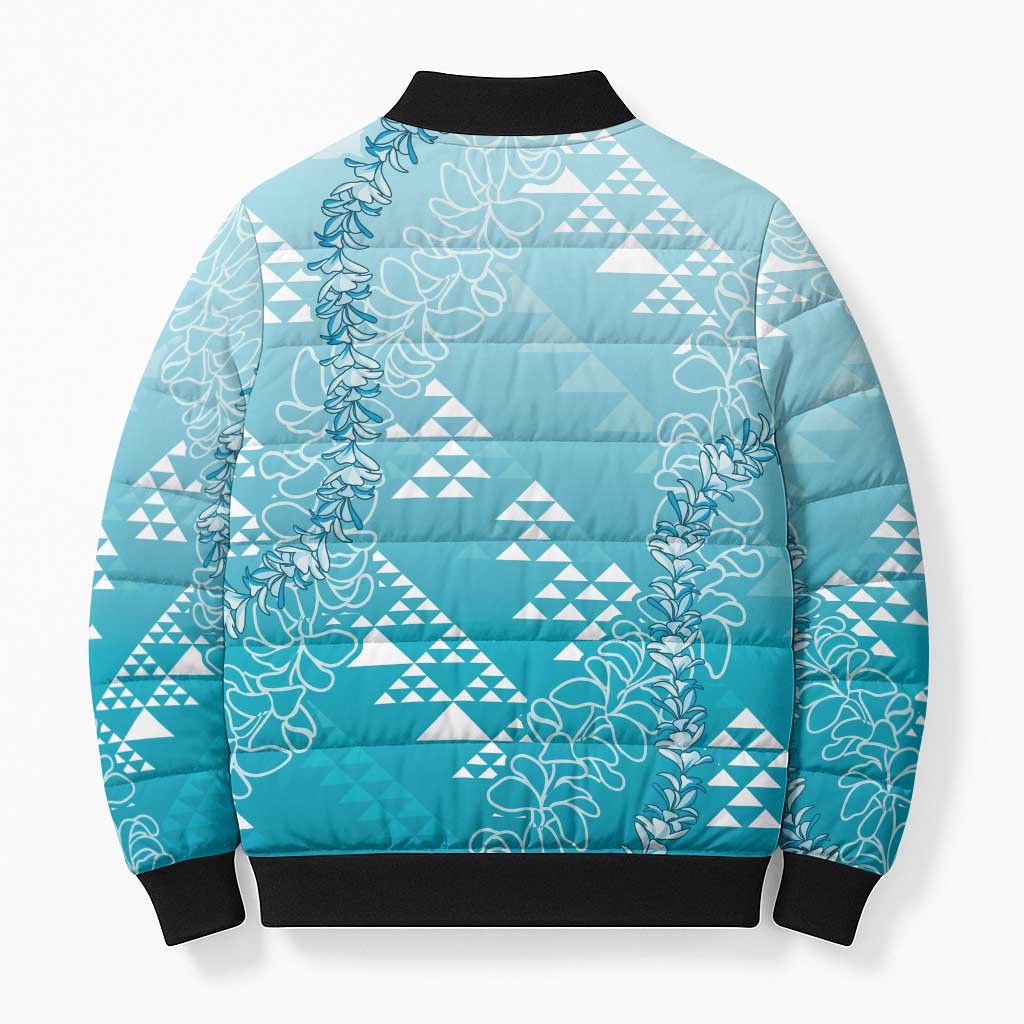 Hawaii Turquoise Kapa Bomber Puffer Jacket Vintage 'Ohe Kāpala Motifs Mix Plumeria Leis