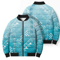 Hawaii Turquoise Kapa Bomber Puffer Jacket Vintage 'Ohe Kāpala Motifs Mix Plumeria Leis