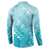 Hawaii Turquoise Kapa Button Sweatshirt Vintage 'Ohe Kāpala Motifs Mix Plumeria Leis