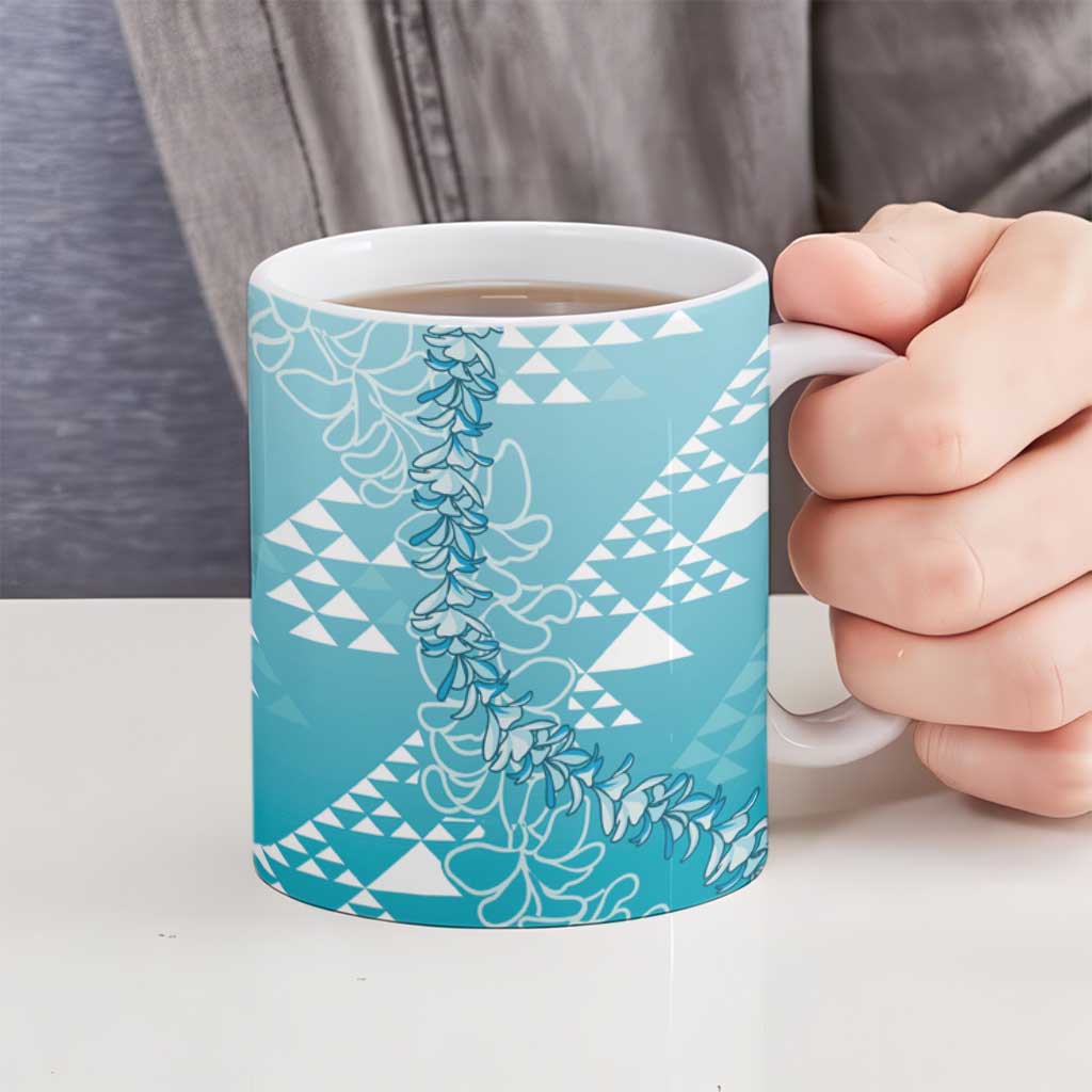 Hawaii Turquoise Kapa Ceramic Mug Vintage 'Ohe Kāpala Motifs Mix Plumeria Leis