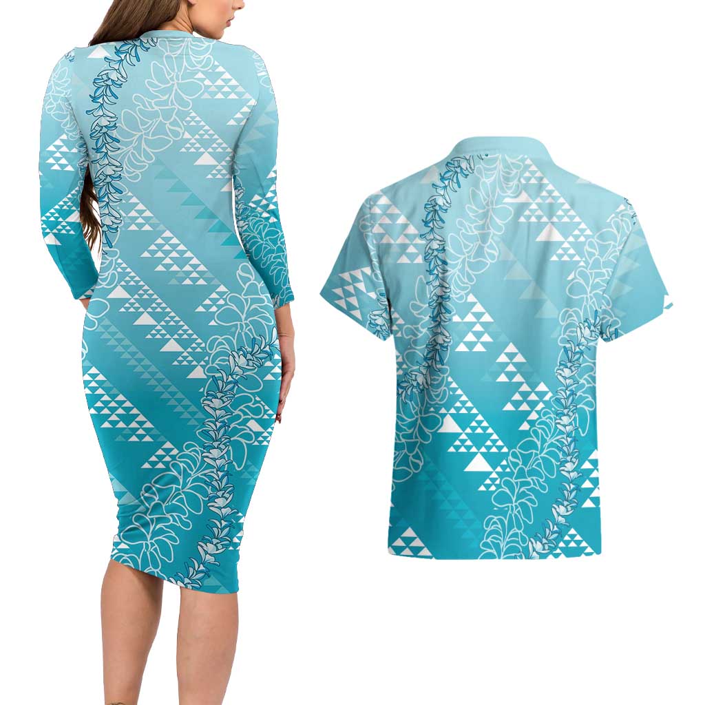 Hawaii Turquoise Kapa Couples Matching Long Sleeve Bodycon Dress and Hawaiian Shirt Vintage 'Ohe Kāpala Motifs Mix Plumeria Leis LT7 - Polynesian Pride