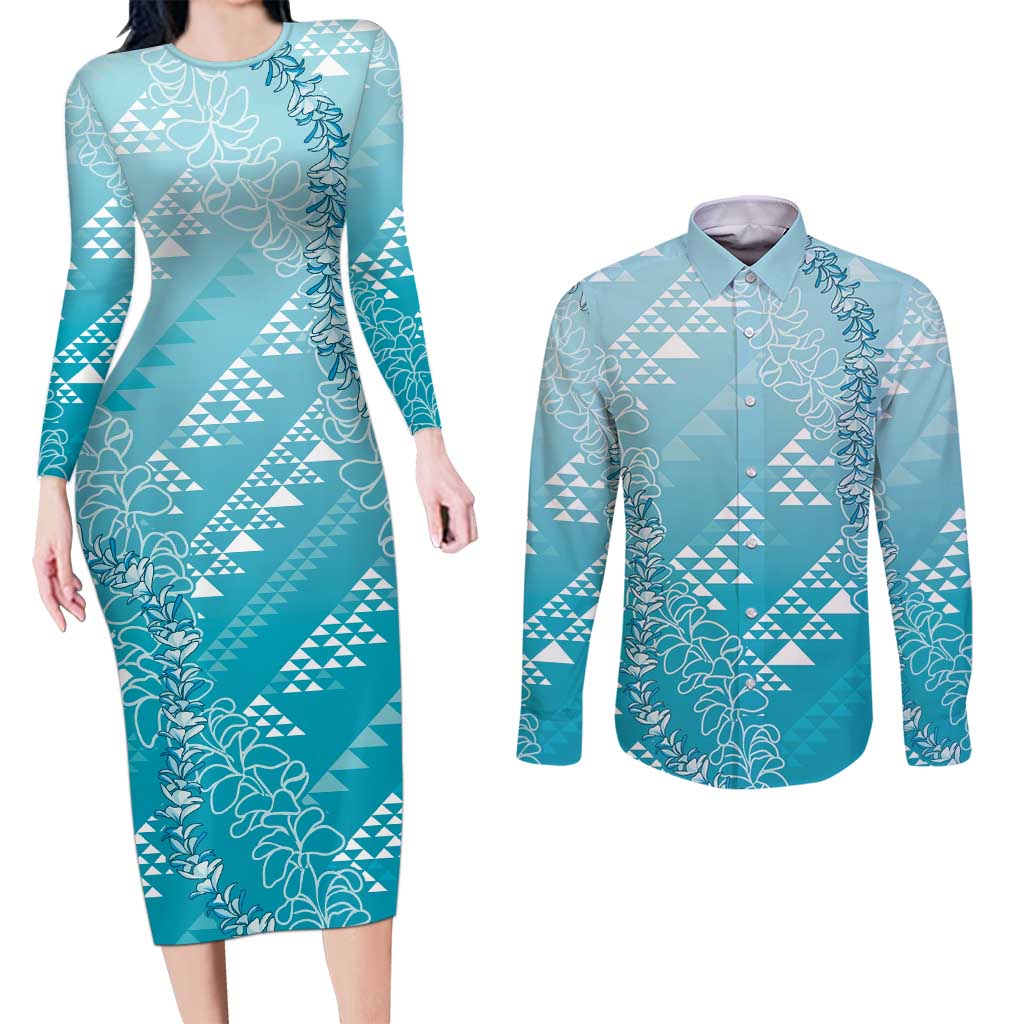 Hawaii Turquoise Kapa Couples Matching Long Sleeve Bodycon Dress and Long Sleeve Button Shirt Vintage 'Ohe Kāpala Motifs Mix Plumeria Leis LT7 Turquoise - Polynesian Pride
